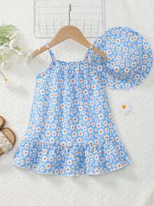 MommBaby Baby Girl Summer Beach Daisy Print Sleeveless Dress With Hat - Baby Blue - View 2