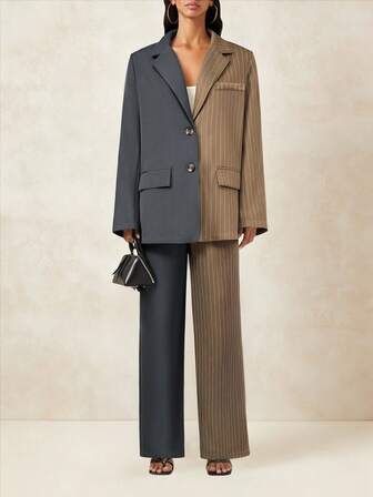 2ชิ้น ชุดลายทางสำหรับสตรีฤดูใบไม้ผลิ/ฤดูร้อน, กางเกงขาตรงทรงใหญ่ & ชุดเบลเซอร์น้ำหนักเบาลำลอง, ชุดทำงานสำนักงานมีสไตล์ ใส่ได้ทุกวัน