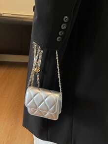 Primavera e Verão, Simples e Versátil, Textura de Alta Qualidade, Alça de Corrente de Bola de Ouro com Bordado de Strass, Pode Ser Usado sobre o Ombro e Axila, Mini Bolsa para Batom - Prata - Visão 5