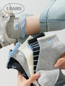 5 Pairs Women's Socks, Gray-Blue, Lace Trim Ankle Socks, Delicate Bowknot Pattern, Ruffle Edge, Romantic Style - Multicolor - View 1