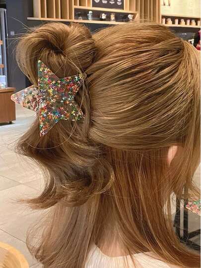 Colorful Star Sequin Hair Claw Clip For Women, Classic Boutique Claw Clip Made Of High-Quality Material, Suitable For Half-Up Or Full-Up Hairstyles, Clips For Stray Hairs, Hair Accessory For A Refined Look, Elegant, Fashionable, Cute, Premium Feel, Unique, Cool Girl, Sweet Girl, Everyday Wear. Perfect For Holiday Gatherings, Parties, Vacations, And As A Gift For Girls For Festivals. Fashion Hair Clip Elegant Hair Accessories