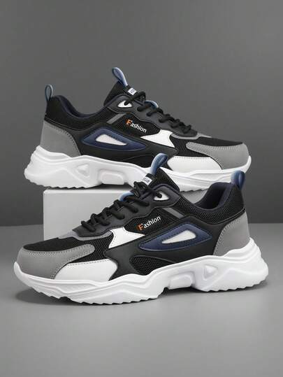 Men's Fashion Contrast Color Letter Pattern Leather & Mesh Patchwork Retro Chunky Sneakers, Lace-Up Soft Lightweight Comfortable Outdoor Reflective Jogging Shoes, Suitable For Couples All Seasons