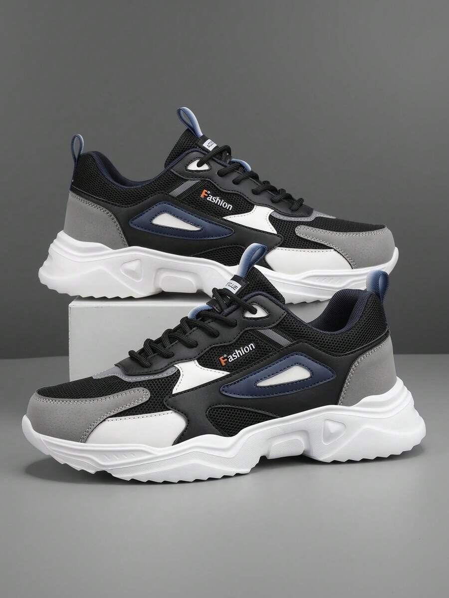 Men's Fashion Contrast Color Letter Pattern Leather & Mesh Patchwork Retro Chunky Sneakers, Lace-Up Soft Lightweight Comfortable Outdoor Reflective Jogging Shoes, Suitable For Couples All Seasons