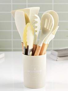 12pcs Wooden Handle Silicone Kitchenware Set, With Holder, Non-Stick Cooking Spatula, Scraper & Stirring Spoon Set, Kitchen Utensils Set With Wooden Handle For Nonstick Cookware, Cooking Utensils Set, Ladle, Spoon, Spatula, Tong, Heat-Resistant & Non-Scratch, Non Smell & Healthy, For Cooking & Baking & Frying & Stirring - MultiWarna - View 7