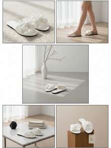 1双白色轻便舒适布艺蝴蝶结装饰儿童/青少年拖鞋，纯色简约优质PU鞋面，时尚儿童套脚拖鞋，防滑橡胶外底，适合居家、办公、户外行走，2026春夏新款