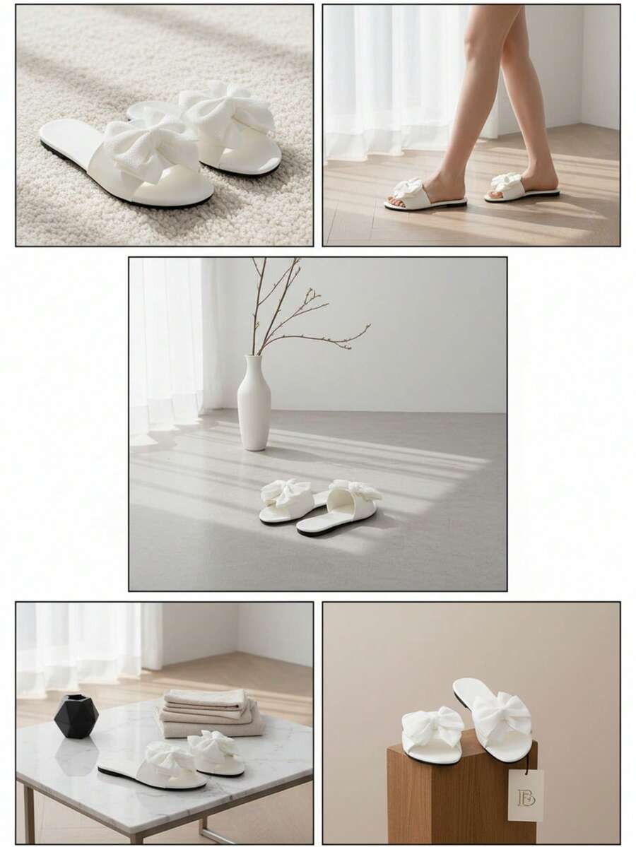 1双白色轻便舒适布艺蝴蝶结装饰儿童/青少年拖鞋，纯色简约优质PU鞋面，时尚儿童套脚拖鞋，防滑橡胶外底，适合居家、办公、户外行走，2026春夏新款