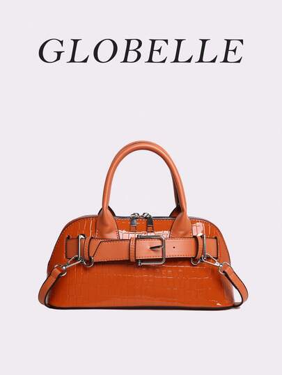 GLOBELLE Elegant & Chic Versatile Solid Color PU Leather Crocodile Embossed Clamshell Handbag, With Large Metal Clasp, Suitable For Professional Women, Perfect For University, Work, Business, Commuting, Outdoor, Travel, Picnic, Office And Other Occasions. Minimalist & Versatile, Ideal For Outdoor Leisure And Shopping.