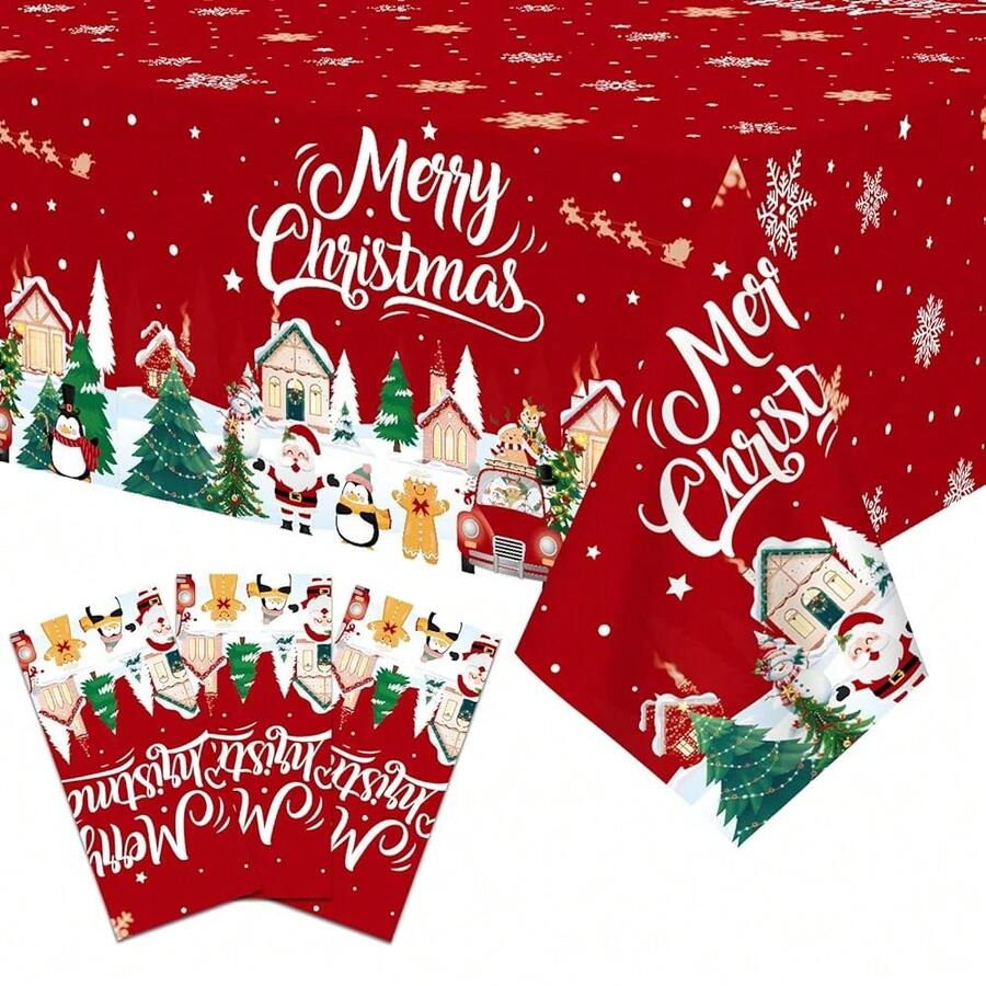 Pedenty 3-Piece 54 X 108 Inch Christmas Plastic Tablecloth – Merry Christmas Snowflake, Santa, And Snowman Design, Disposable Rectangle Table Cover For Holiday Dining, Parties, Christmas Decorations - ChristmasSnowflake - View 1