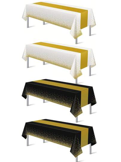 1Pc/ 3Pcs White/ Black And Gold Tablecloths For Events,54"X108" Plastic Table Cloths For Rectangle Tables,Disposable Party Table Covers For New Years Eve Decorations, Holiday Birthday Wedding Party Dining