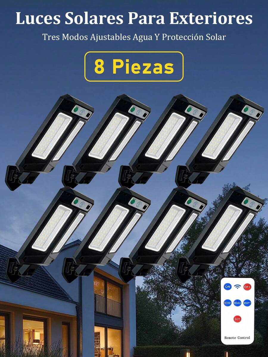 Farola solar al aire libre, luz LED al aire libre con control remoto, luz de inundación de ángulo ajustable, luz de pared solar impermeable IP65 con sensor de movimiento, para terraza, porche - 8 piezas - Ver 1