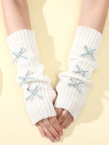 1 Pair Bow Decor Fashion Mid-Length Fingerless Gloves - White and Green Bow - View 2