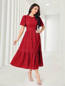 Women's Plain Midi Dress With Lining And Cut-Out Details, Featuring A Round Neckline, Puff Sleeves, Embroidery, And A Gathered Hem. - 紅色 - 查看 3