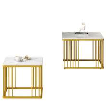 WF326269AAW Image Change)2er Set Quadratische Hochglanz-Marmoroptik-Couchtische, Ineinander Schiebbare Tische Mit Goldenen Beinen, 60*60*45cm Und 45*45*40cm, Vielseitig Einsetzbar - White - View 7