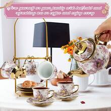 20-Piece European Porcelain Tea Set With Metal Stand & Floral Painting - Elegant Tea Service For Adults, Home Decor Or Gift (Small,  Purple) - Purple - View 8