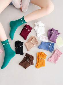 1双女士珍珠边中筒袜，时尚百搭罗纹袜，春秋季