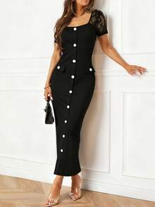 女士优雅黑色收腰中长连衣裙，方领蕾丝拼接短袖，白色纽扣针织面料，中等弹力，黑色连衣裙 - 黑色 - 查看 5