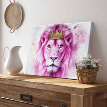 1pc Pink Valentine Decor, Galentine Gift Wooden Framed Wall Art, Wrapped Canvas Vintage Prints Poster, Lion, Crown, Animal Portrait - Botanical, Painting, Figurative Art, Illustrative Style, Perfect Gift Decor, Wall Art For Living Room Bedroom Office, Hanging Hardware Included - Wrapped Framed Canvas, Horizontal - Framed Canvas - View 4