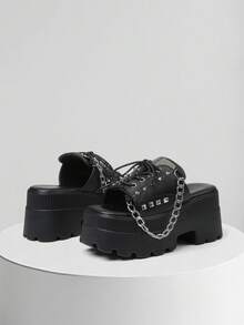 Fashionable Gothic Platform Sandals For Women Open Toe Elegant Casual Wedge Heel Punk Shoes Black Chain Studded Lace Up Party Outdoor Casual Summer Style Comfy Shoes Women Dressy - 黑色 - 查看 3