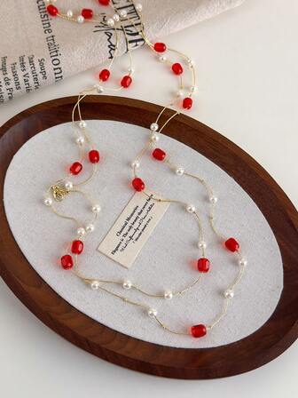 1件奢华小众红宝石珍珠装饰长项链，多层锁骨链，高端配饰，适合拍照，秋冬季