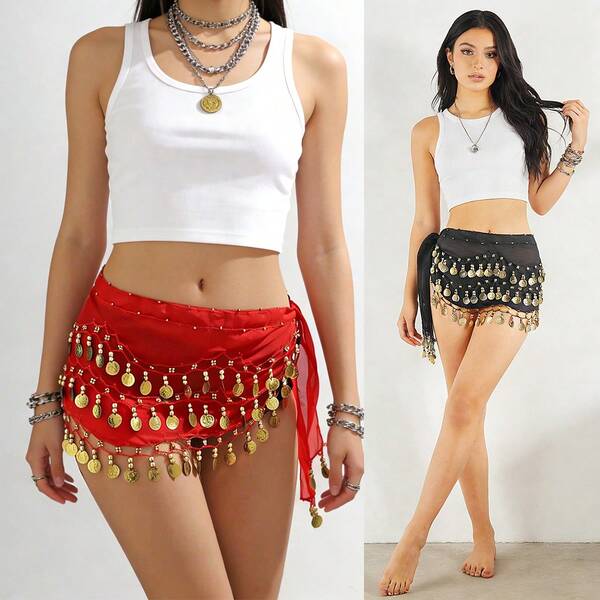 1pc Belly Dance Hip Scarf, Sweet Belly Dance Skirt With Coin Decor, Egyptian Style Belly Dance Costume Hip Scarf/Belt, Women Chiffon Belly Dance Scarf, Suitable For Yoga, Zumba, Belly Dance, Women Belly Dance Hip Scarf With Fringe, Sequin Mini Skirt - Holographic Fringe Skirt - Women Denim Outfit | Beach Dress, Carnival, Party