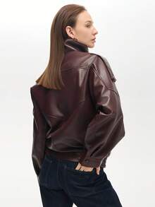 女士宽松仿皮休闲长袖立领夹克 - 酒紅色 - 查看 2