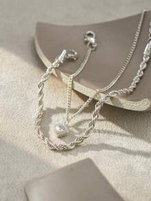 2件套优雅银色扭纹链和基础款链条组合心形吊坠手链套装，适合情人节和母亲节。 - 銀色 - 查看 5