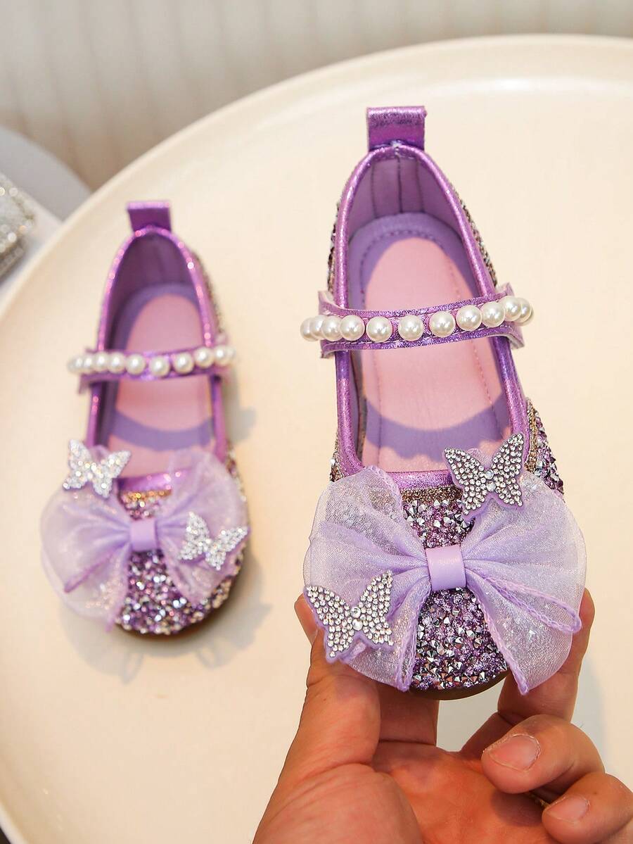 1 Pair Girls' Multi-Color Butterfly Rhinestone Shoes, Pearl Decor Princess Soft Bottom Shoes, Suitable For Spring, Summer, Birthday Party, School Performance, Ethereal And Gentle Little Shoes - Purple - View 1