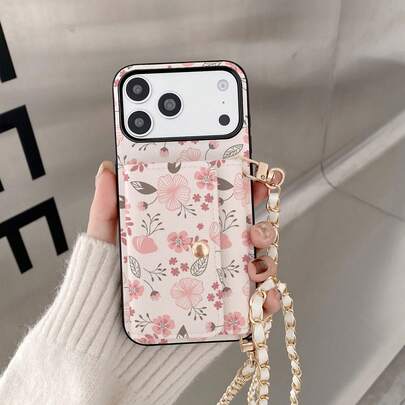 1pc Elegant Floral Pattern Card Holder Crossbody Wallet Phone Case Compatible With IPhone 17, 16, 16e, 15, 14 Plus, 13, 12, 11 Pro Max, PU Leather Protective Cover