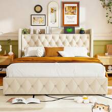 Caluself Double Bed Frame, Upholstered Bed 140/160 X 200 Cm With Storage Box, Gas Lift, Hydraulic Bed, Loading Function And Slatted Base, Double Bed Frame With Storage, Without Mattress, Velvet, Beige - 米色 - 查看 2