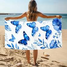 1条蓝色蝴蝶图案沙滩巾，超柔软超细纤维特大号沙滩毯，超强吸水浴巾，适合旅行、游泳池、潜水、冲浪、瑜伽、露营等场合，多种尺寸可选，沙滩、泳池、旅行、露营、瑜伽必备用品 - 彩色 - 查看 8