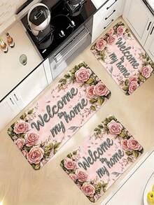 1件畅销奢华仿羊绒粉色玫瑰印花门垫，长方形可机洗浴室垫，柔软亲肤TPR防滑底厨房垫，可水洗迎宾门垫，适用于客厅地毯、卧室装饰地毯，适合家居、客厅、卧室、厨房、洗衣房、花园、走廊和户外装饰，多种尺寸可选，情人节礼物 - 彩色 - 查看 3