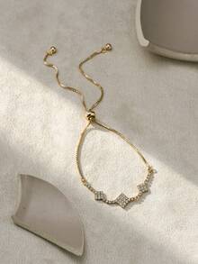 Nooxian 1pc Fashion Rhombus Claw Chain Bracelet, Copper Zirconia Adjustable Bracelet (Random Zirconia Quantity) - Yellow Gold - View 3