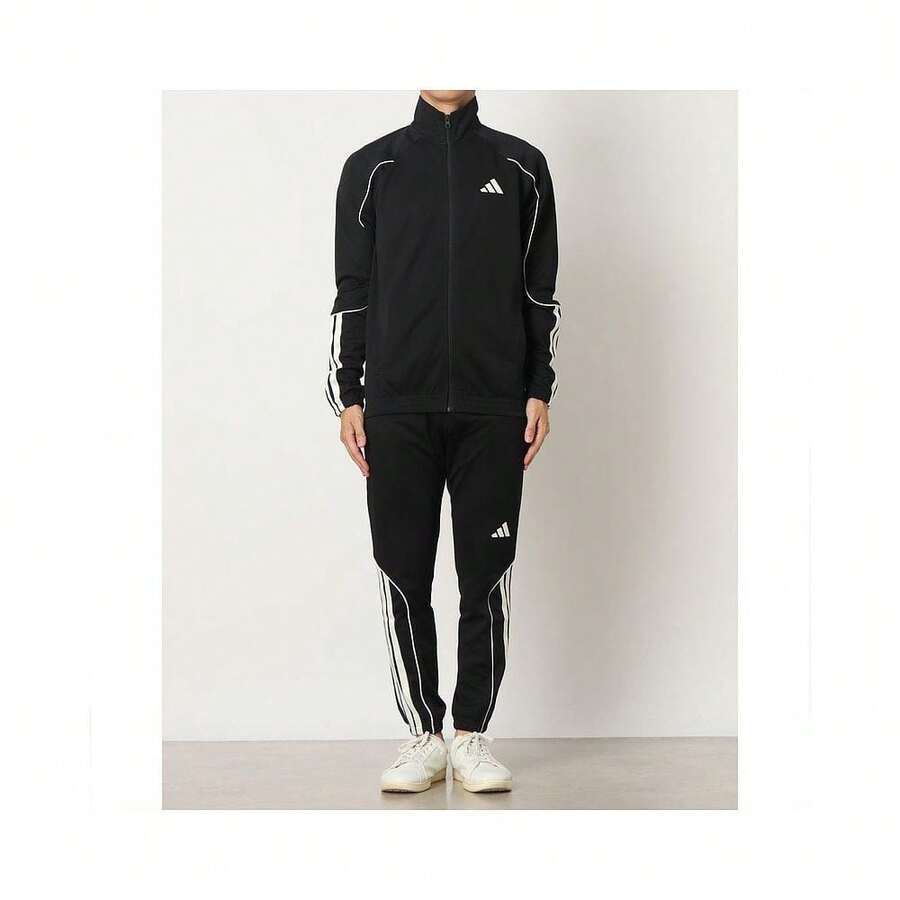 Adidas 2 piezas Conjunto de chándal de punto para hombre, chaqueta de cuello alto y pantalón de chándal - Blanco y Negro - Ver 1