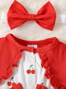 新生女宝宝可爱甜美樱桃印花圆领荷叶边泡泡袖连衣裙配发带，夏季 - 彩色 - 查看 4