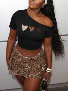 Áo croptop ôm dáng một vai màu đen gợi cảm dành cho nữ mùa xuân hè, họa tiết trái tim. - màu đen - Xem 1