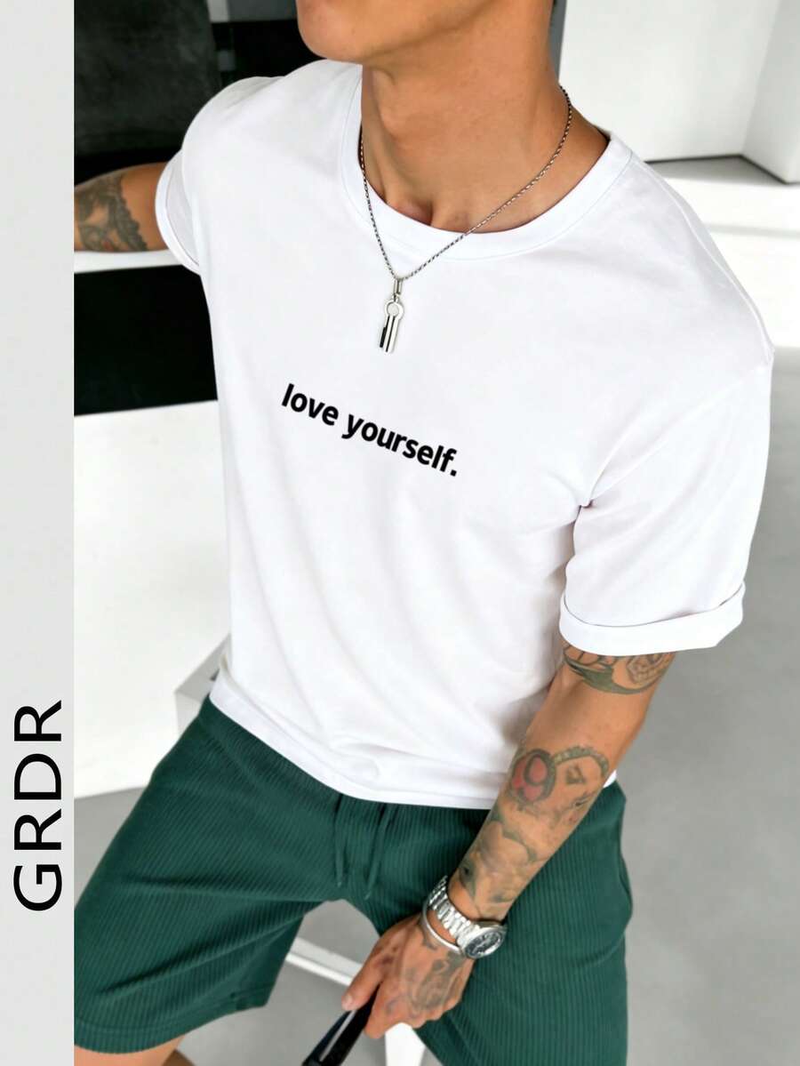 GRDR 男士夏季爱自己印花圆领短袖T恤，休闲& - 白色 - 查看 1