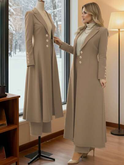 Women's Elegant Commuter 2 Pieces Set, Apricot Long Waist-Cinched Vintage British Double-Breasted Coat Paired With Simple Casual Straight-Leg Pants, Spring