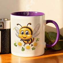 1pc Hardworking Bee Design Mug - 11oz Ceramic Coffee & Tea Cup With Cute Cartoon Bee, Daisies & Polka Dot Pattern - Perfect Gift For Elderly Men, Women, Birthdays, Mother's Day, Father's Day, Christmas, Bee Decorations For Home, Everyday Drinkware, Cheerful Kitchenware, Durable Drinkware - 紫色 - 查看 1