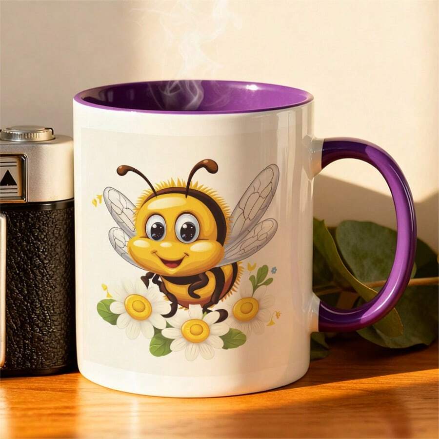1pc Hardworking Bee Design Mug - 11oz Ceramic Coffee & Tea Cup With Cute Cartoon Bee, Daisies & Polka Dot Pattern - Perfect Gift For Elderly Men, Women, Birthdays, Mother's Day, Father's Day, Christmas, Bee Decorations For Home, Everyday Drinkware, Cheerful Kitchenware, Durable Drinkware - 紫色 - 查看 1