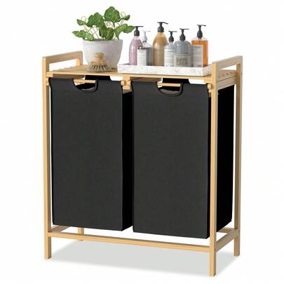 2-Compartment Laundry Hamper In Bamboo And Oxford Fabric - 36L Laundry Sorter With Handles And Top Tray - Storage For Laundry Room, Bedroom Or Bathroom - Ventilated And Elegant Design