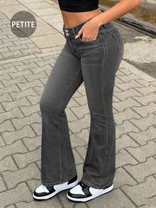 Fashionable Grey Washed Denim Skinny Petite Stretch Flare Pants, Comfortable & Versatile - Dark Grey - View 7