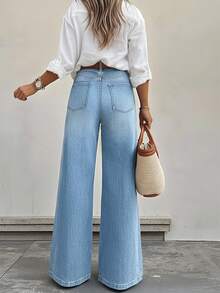 Women's Elegant & Casual Commuter Light Blue Zipper Button Elastic Wide Leg Pants - Light Wash - View 4