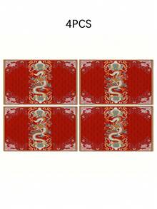 4/6pcs Chinese Dragon Pattern Chinese New Year Style Placemats, Heat Insulation Pads, Dining Table Decor, New Year Party Tableware Coasters, Modern Home Decor Linen Placemat Accessories - Multicolor - View 11