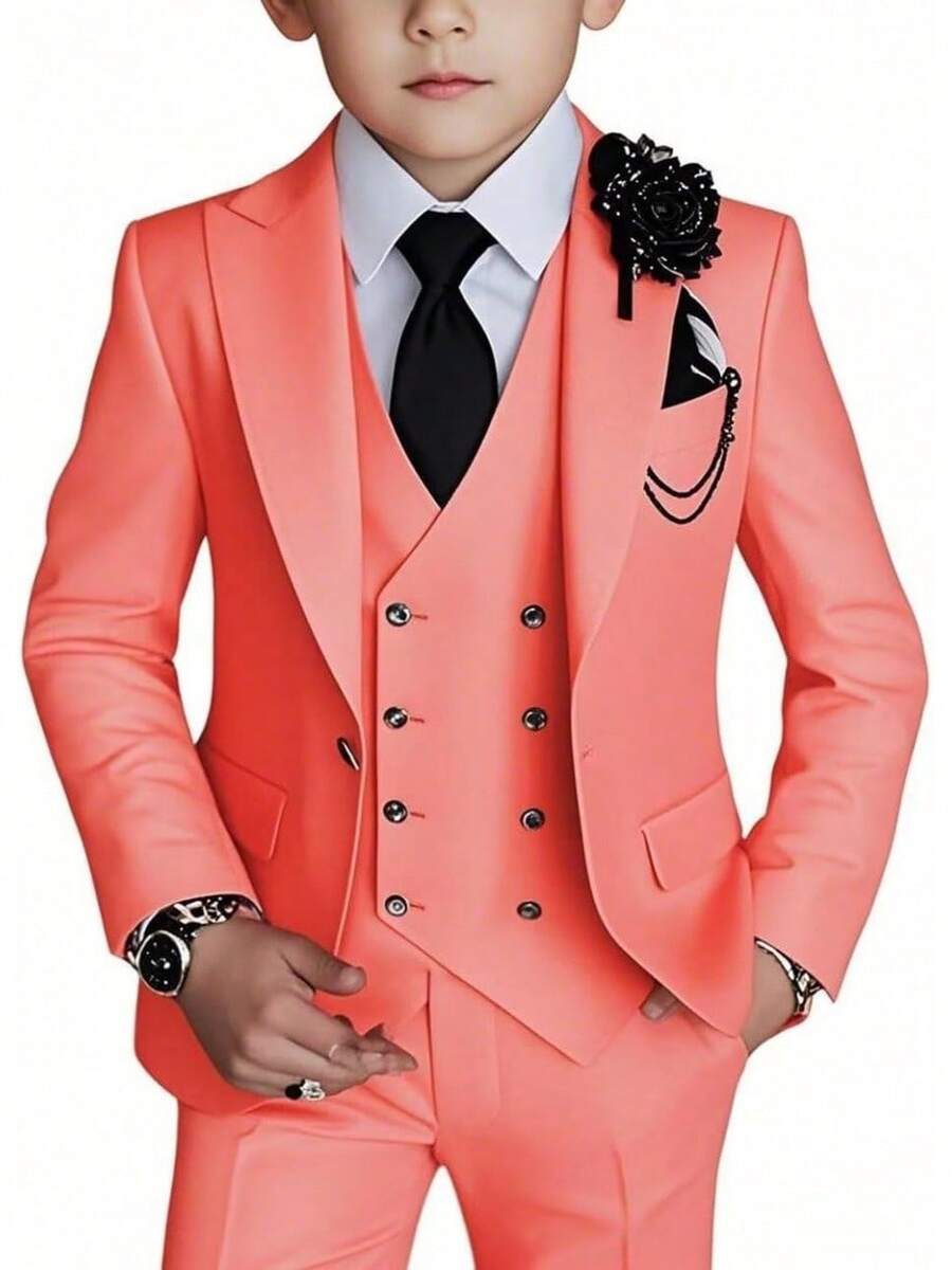 Stylish Boys 4 Piece Slim Fit One Button Formal Suit Set With Tie For Wedding Prom Party - Coral - View 1