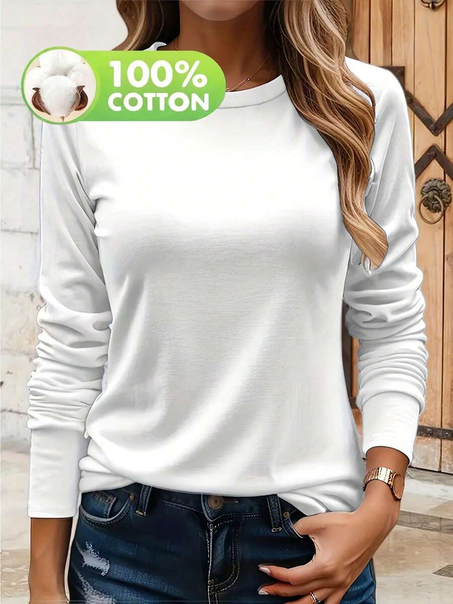 Áo thun nữ dài tay cổ tròn màu trơn, 100% cotton, kiểu dáng thường ngày - Màu trắng, thích hợp cho mùa xuân/hè.