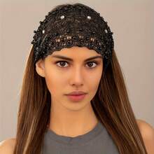 1 Piece/Women's Fashion Crocheted Headband Set, Featuring Faux Pearl Details And Openwork Design, Elegant Lace And Satin Elastic Fabric, Suitable For Special Occasions, Parties And Everyday Wear. - 黑色 - 查看 6