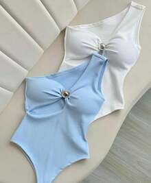 Women's Ribbed Bodysuit With Metal Detail And Side Slit - Màu xanh nhạt - Xem 1