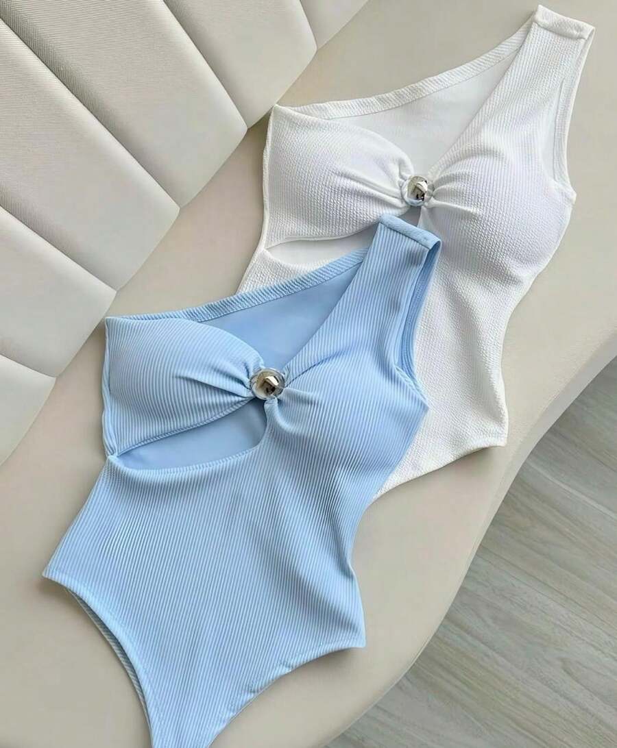 Women's Ribbed Bodysuit With Metal Detail And Side Slit - Màu xanh nhạt - Xem 1