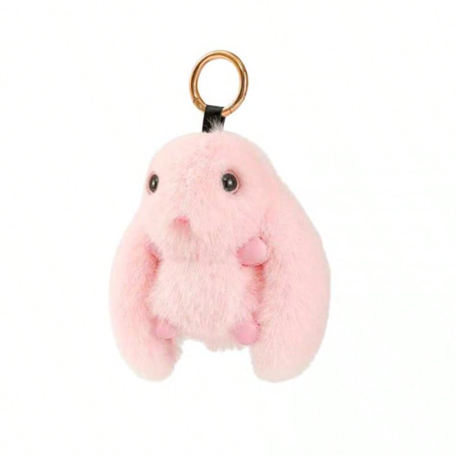 Llavero de Peluche Diseño Conejo rosa Suave con Anillo Dorado para Bolso y Llaves 11cm