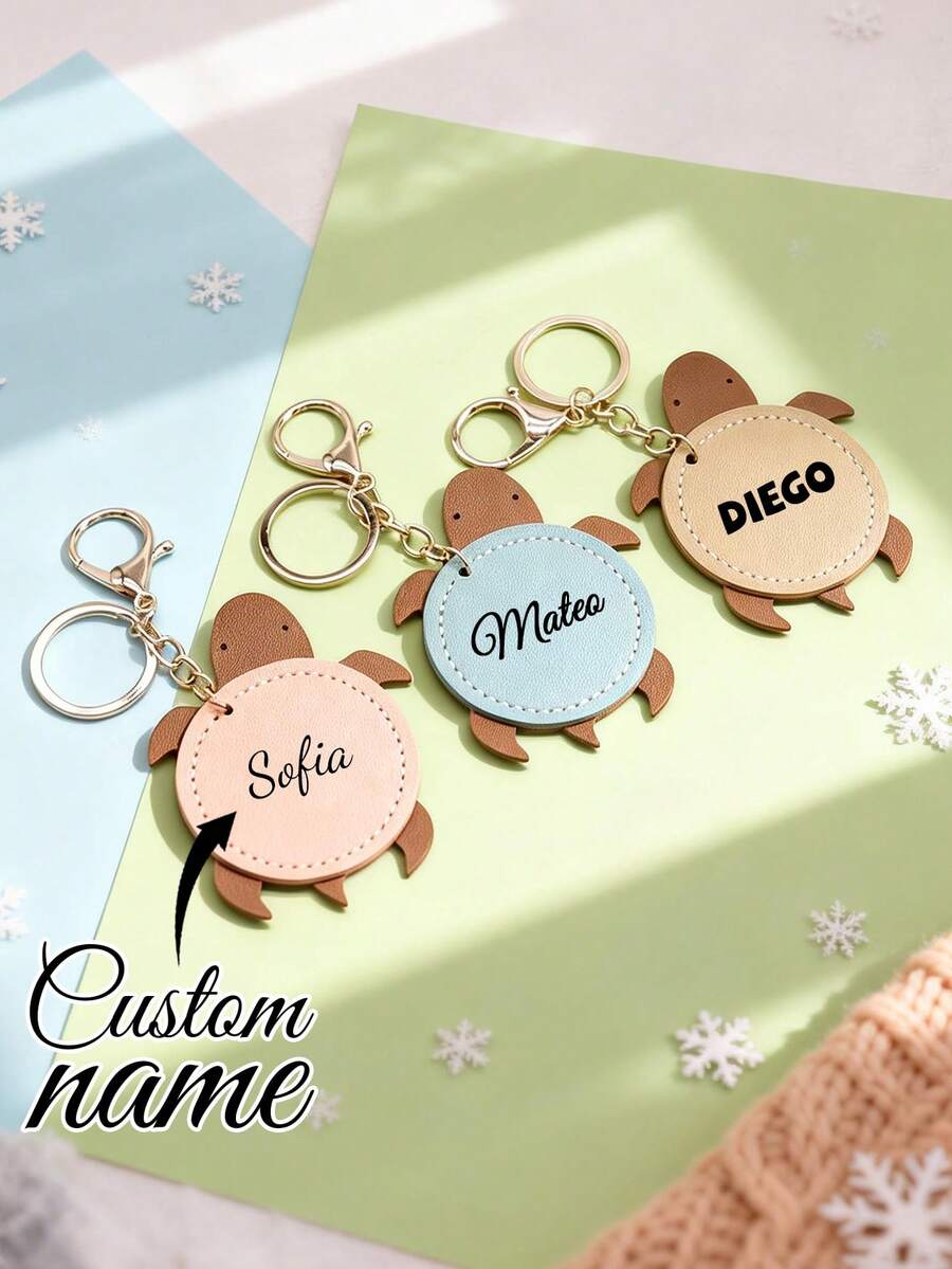 Customized Keychain, Personalized Turtle Keychain, Simple Creative Cute Country Style Couple PU Leather Turtle Customized Keychain Pendant, Personalized Cartoon Leather Pendant, Gift For Family, Friends, Classmates, Personalized Gift - Multicolor - View 1